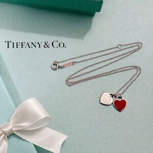Authentic Tiffany & Co Red Enamel Double Mini Hearts Pendant Necklace